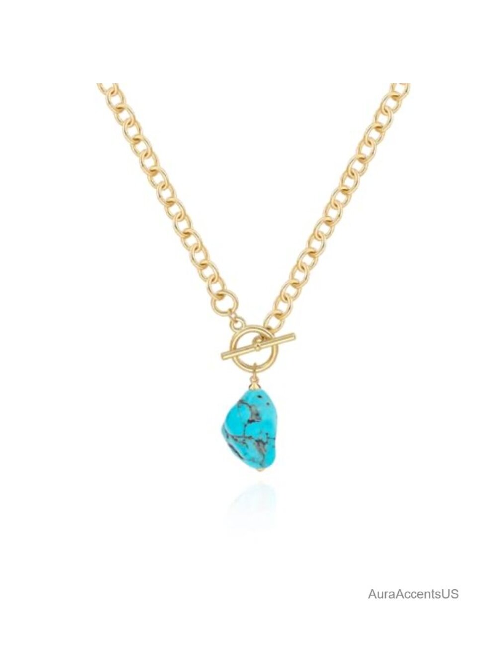 14k Gold Plated Chunky Chain Toggle Clasp Turquoise Pendant Necklace 20"